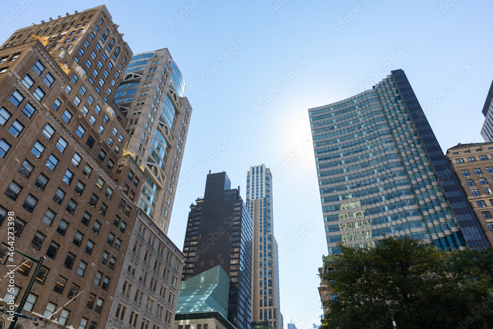 Looking up at a Variety of Midtown Manhattan Skyscrapers in New York City