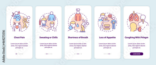 Pneumonia symptoms onboarding mobile app page screen. Chest pain and appetite loss walkthrough 5 steps graphic instructions with concepts. UI, UX, GUI vector template with linear color illustrations