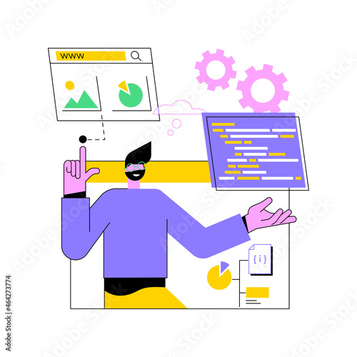 Website development abstract concept vector illustration. Webpage programming, software deployment business, website layout, front end development, back end, web design company abstract metaphor.