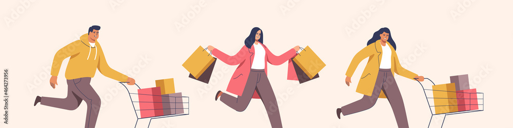 People with trolleys full of purchases and gifts. Mans and womans with packages. Buyers have fun doing shopping. Black Friday, seasonal sale, discount coupon. Vector illustration.