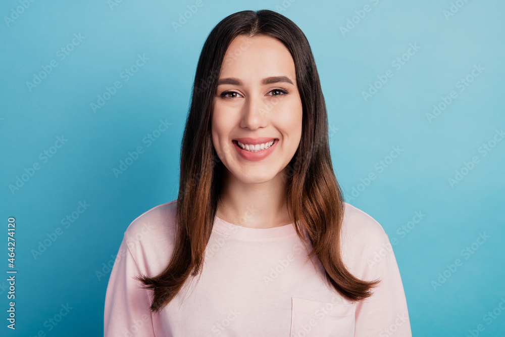 Portrait of attractive cheerful woman toothy smile stomatology caity protection isolated turquoise color background