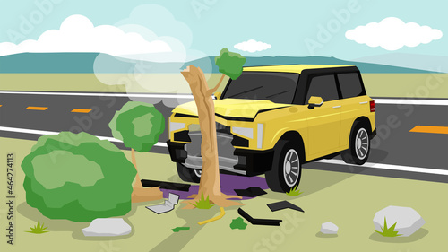 Damage of yellow car accidents dash off the road. Land on the grass and hit a large tree is broken. Frontal damage and high smoke. Off-road vehicles drive to wide open spaces with mountains.