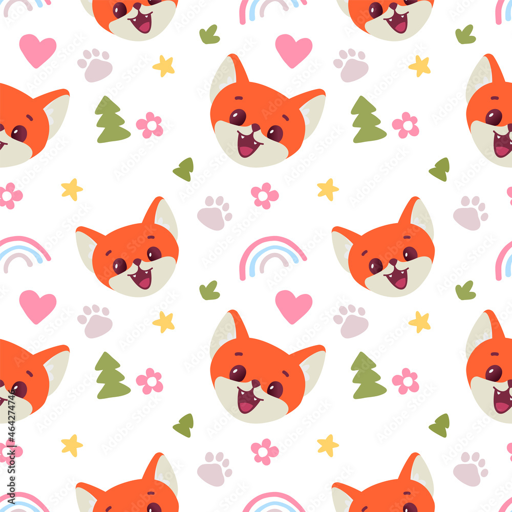 Vector illustration of muzzle of happy red fox character with rainbow and fir tree on white color background. Flat style design of seamless pattern with face of animal Vector illustration of muzzle of happy red fox character with rainbow and fir tree on white color background. Flat style design of seamless pattern with face of animal
