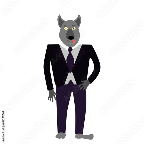 A werewolf in a classic business suit in the shape of a wolf. Jacket black pants purple. Halloween illustration in cartoon childish style for your holiday design. photo