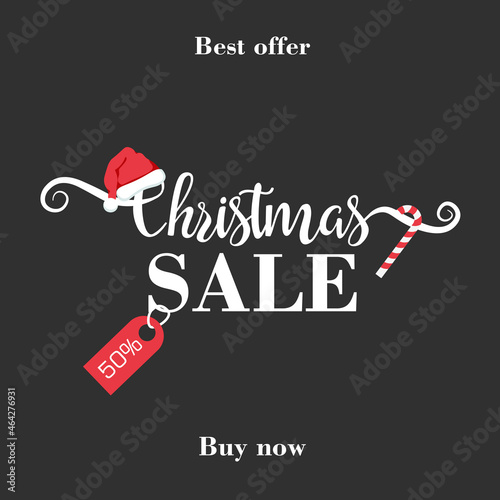Christmas sale banner with handwritten lettering isolated on black background. Calligraphy banner. Xmas text decorated with Santa Claus hat. 50% dicount. Shopping online concept.	