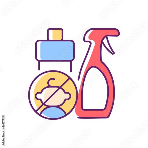 No access to cleaning materials RGB color icon. Keep children away from chemical liquids. Child safety at home. Poisoning prevention. Isolated vector illustration. Simple filled line drawing