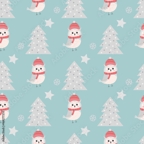 Christmas seamless pattern with cute polar owl. The illustration is perfect for baby textiles and wrapping paper. © Kristina