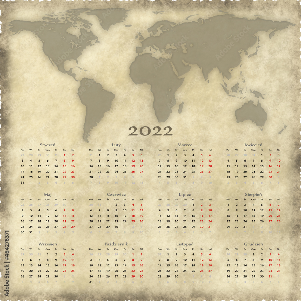 Kalendarz z mapą swiata 2022 rok - język polski  - 12 miesięcy - święta i dni wolne zaznaczone innym kolorem. - obrazy, fototapety, plakaty 