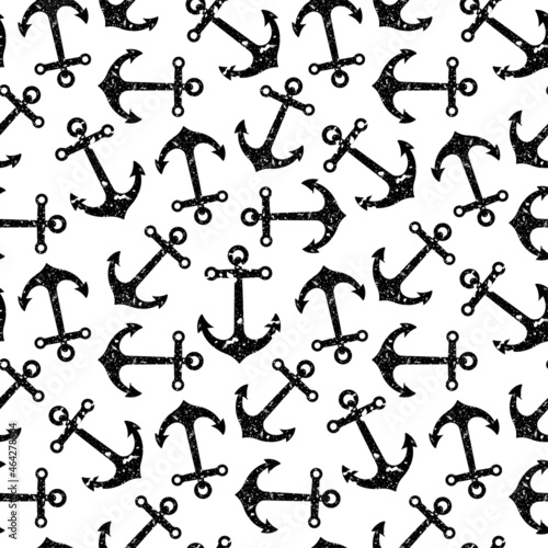 Black ink ship anchors isolated on white background. Cute monochrome marine seamless pattern. Vector simple flat graphic illustration. Texture.