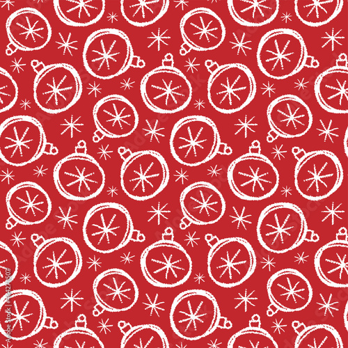 White contour linear pencil sketch Christmas balls isolated on a red background. Cute monochrome festive seamless pattern. Vector simple flat graphic hand drawn illustration. Texture.