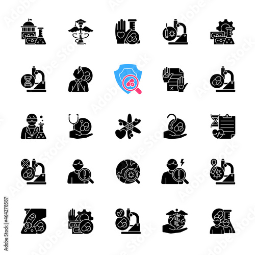 Clinical trials black glyph icons set on white space. Experimental medicine research. Clinical scientist. Funding opportunities. New drugs testing. Silhouette symbols. Vector isolated illustration