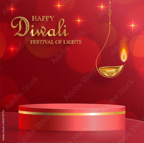 Podium round stage style, for Diwali, Deepavali or Dipavali, the indian festival of lights with Diya lamp, fire lighting and orientl objects on color background