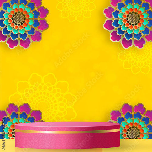 Podium round stage style, for Diwali, Deepavali or Dipavali, the indian festival of lights with Diya lamp, fire lighting and orientl objects on color background