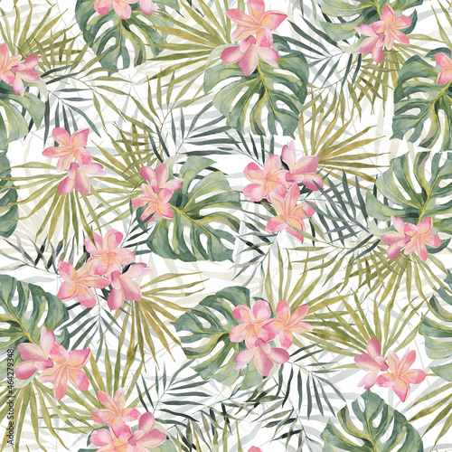 Strelitzia, palm tree, monstera leaves. Tropical exotic bright seamless pattern. Watercolor hand made botanical print. On white background. For summer beach textile, wallpaper, wrapping paper.