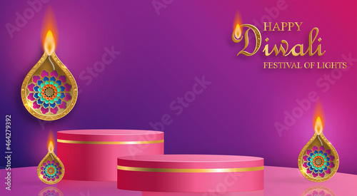 Podium round stage style, for Diwali, Deepavali or Dipavali, the indian festival of lights with Diya lamp, fire lighting and orientl objects on color background