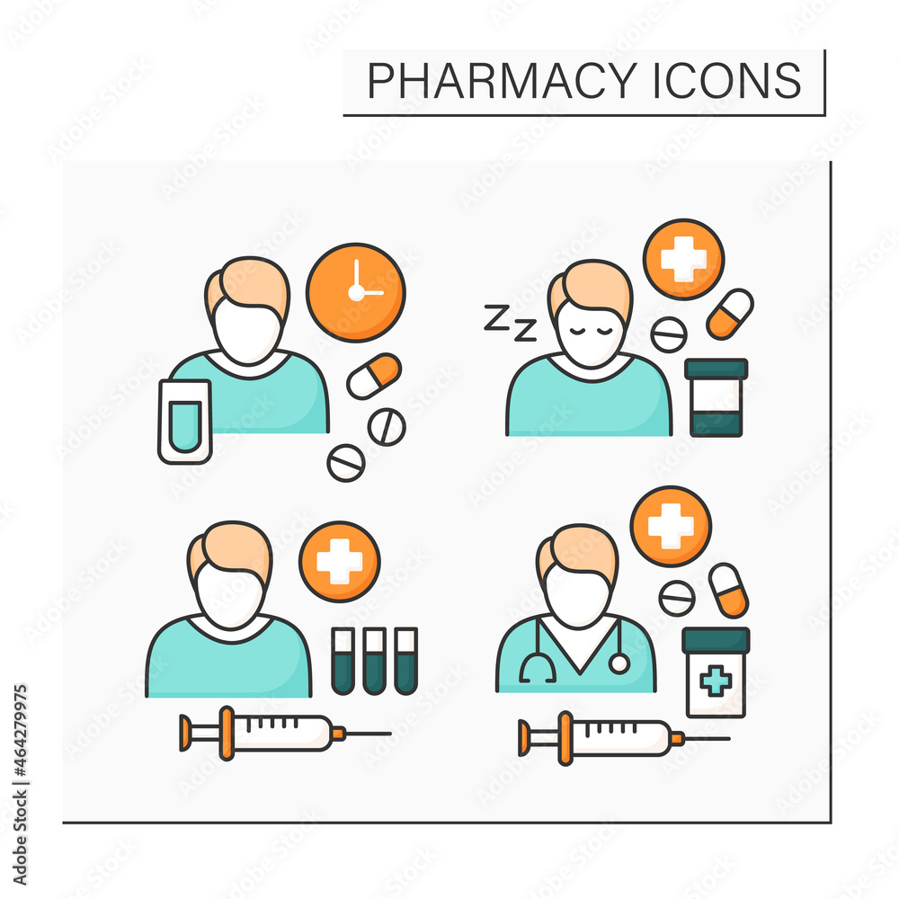 Pharmacy color icons set. Antibiotic management,dosage, drug therapy, side effects. Healthcare concept. Isolated vector illustrations Pharmacy color icons set. Antibiotic management,dosage, drug therapy, side effects. Healthcare concept. Isolated vector illustrations