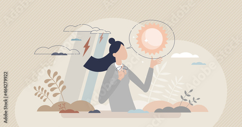 Positive thinking skill and happy mindset or brain attitude tiny person concept. Joyful emotions about surroundings despite negative factors vector illustration. Mental wellness power and inner peace.