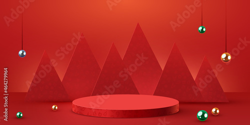 Mock up scene. Podium for cosmetic and product display. Stage pedestal or platform. Winter Christmas red background with xmas tree.