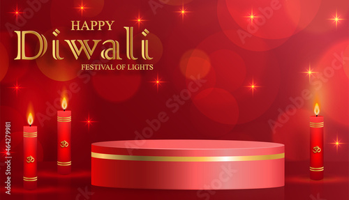 Podium round stage style, for Diwali, Deepavali or Dipavali, the indian festival of lights with Diya lamp, fire lighting and orientl objects on color background