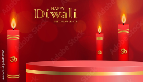 Podium round stage style, for Diwali, Deepavali or Dipavali, the indian festival of lights with Diya lamp, fire lighting and orientl objects on color background