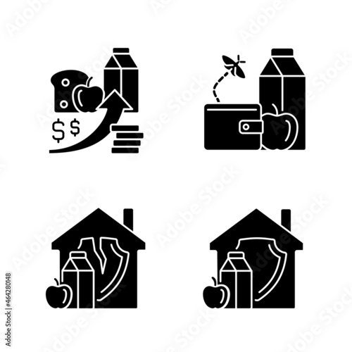 Poverty and hunger black glyph icons set on white space. No money for products. Increased prices. Food insecurity. Household nutrition security. Silhouette symbols. Vector isolated illustration