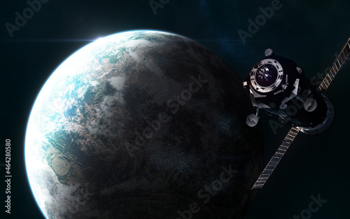 Fototapeta Naklejka Na Ścianę i Meble -  Space station on the background of an inhabited planet in deep space. Science fiction. Elements of this image furnished by NASA