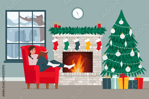 Woman reading book, resting in armchair, basking near fireplace. Christmas fireplace, warm cozy interior, winter holidays resting concept. Vector illustration in flat style