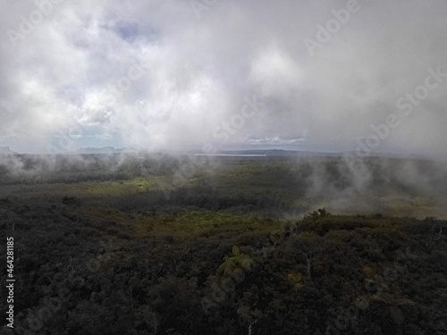 Aerial view of mist on top of Cocotte mountain (Mount Cocotte) located near Plaine Champagne, Mauritius