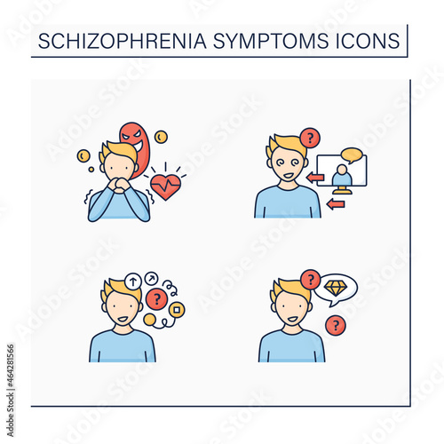 Schizophrenia symptoms color icons set. Reference, persecution delusions, loose associations, neologism.Healthcare concept. Isolated vector illustrations