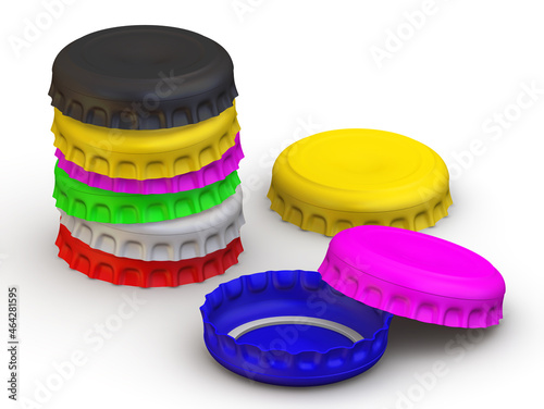 Multicolored bottle caps. Many bottle caps of different colors on a white surface. 3d illustration