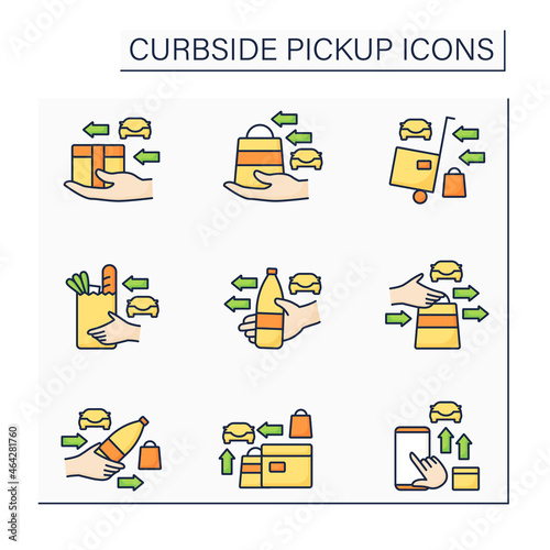 Curbside pickup color icons set. Online shopping. Safety and fast delivery from courier to customer. Shopping concept. Isolated vector illustrations