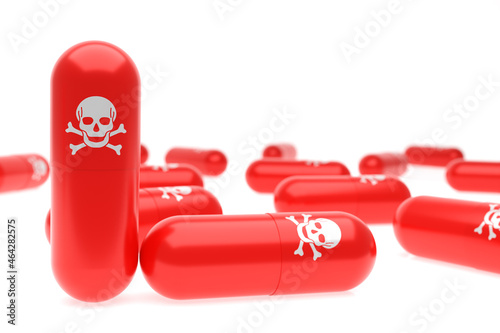 3D rendering death poison medicine or dangerous pills, drug capsule for suicide concept photo