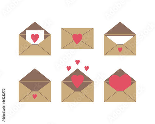 Vector set of open and closed kraft envelopes with a love message and hearts on a white background. Trendy flat design for Valentine's Day, wedding, logo, app, website	