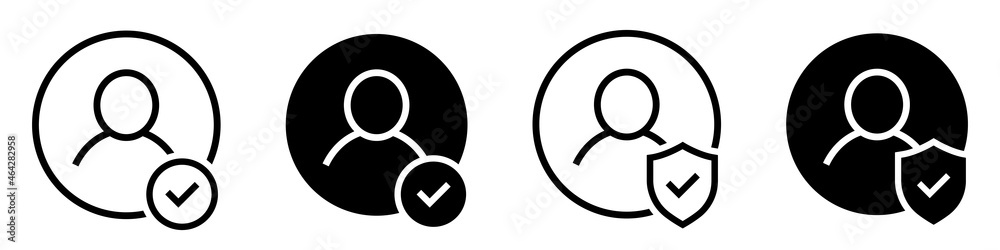 Set of user accept icons. Profile with checkmark icon. Avatar check symbol. Account sign. Shield with person silhouette in circle. Authentication security. Privacy vector. Set of user accept icons. Profile with checkmark icon. Avatar check symbol. Account sign. Shield with person silhouette in circle. Authentication security. Privacy vector.
