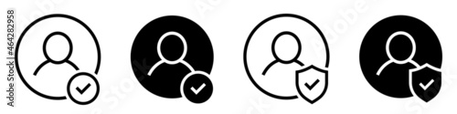 Set of user accept icons. Profile with checkmark icon. Avatar check symbol. Account sign. Shield with person silhouette in circle. Authentication security. Privacy vector. photo
