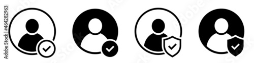 Set of user accept icons. Profile with checkmark icon. Avatar check symbol. Account sign. Shield with person silhouette in circle. Authentication security. Privacy vector.