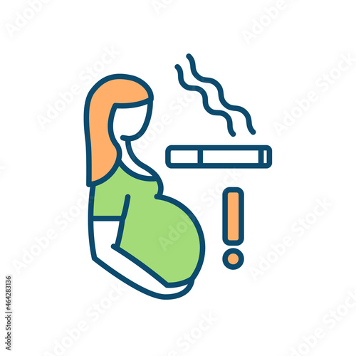 Smoking during pregnancy RGB color icon. Delivering newborn with birth defects risk. Premature birth danger. Harming unborn baby threat. Isolated vector illustration. Simple filled line drawing