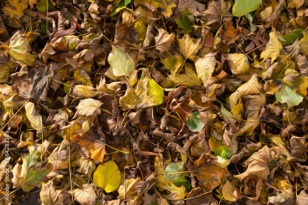 Painting of fallen dried autumn leaves in October Painting of fallen dried autumn leaves in October