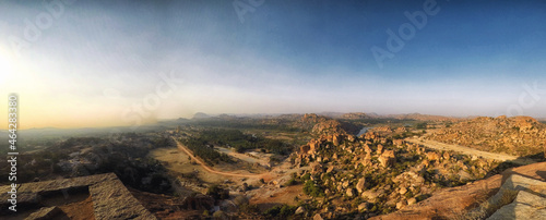 Panoramic view of Hampi from top of Matanga hill during late afternoon in Hampi, India