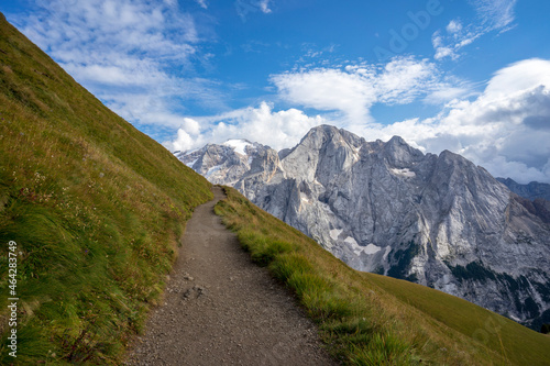 View of Marmolada from the Viel del Pan trail. Dolomites.