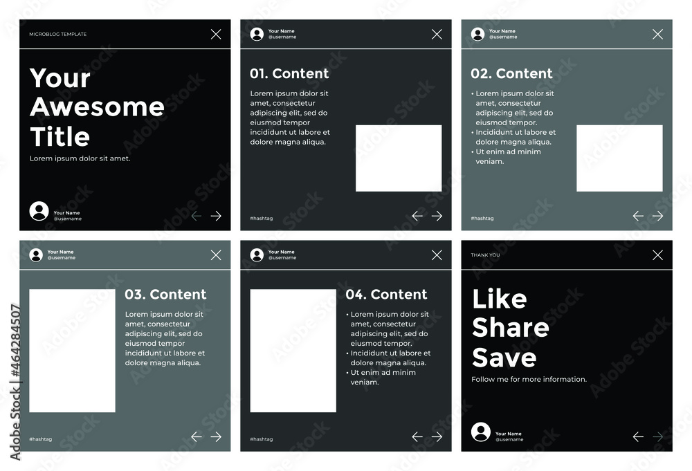 Microblog carousel slides template for instagram. Six page with simple