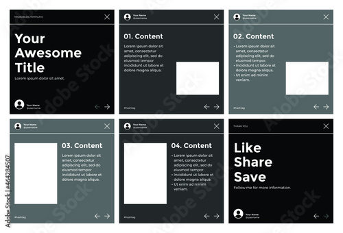 Microblog carousel slides template for instagram. Six page with simple black theme.
