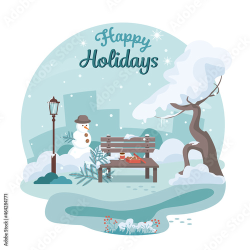Beautiful winter landscape in a circle. A bench with hot coffee or tea and biscuits. Snowman and snow-covered tree on the urban background. City park. Vector illustration.