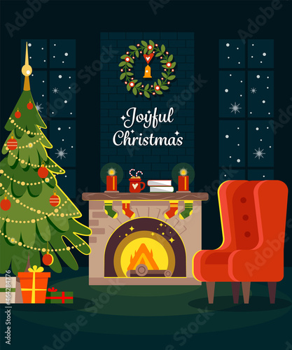 Beautiful Christmas room interior with sofa. Christmas tree and decoration. Gifts and fireplace. Flat style vector illustration.