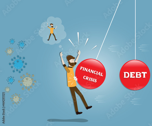 Flat design of business finance,Young businessman survives from virus pandemic but face the financial and debt crisis - vector