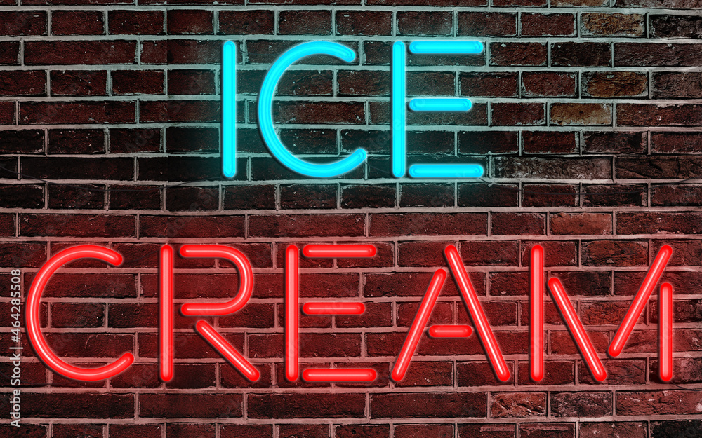 Obraz premium ICE CREAM - Neon Letters sign lighting on the brick wall background