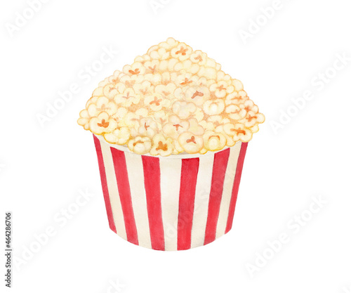 Watercolor illustration of a popcorn bucket. Cinema snack. It's movie time! Striped paper box. Popcorn bowl