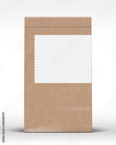 Craft Paper Pouch Bag Template. Realistic Carton Texture Packaging Mock Up with Soft Shadow and Blank Label. Isolated