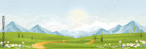 Spring green fields landscape with mountain, blue sky and clouds background,Panorama peaceful rural nature in springtime with green grass land. Cartoon vector illustration for spring and summer banner photo