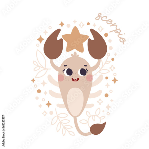 Baby Zodiac Sign Scorpio with leaves, branches, moon, rain, stars. Cute vector astrology character